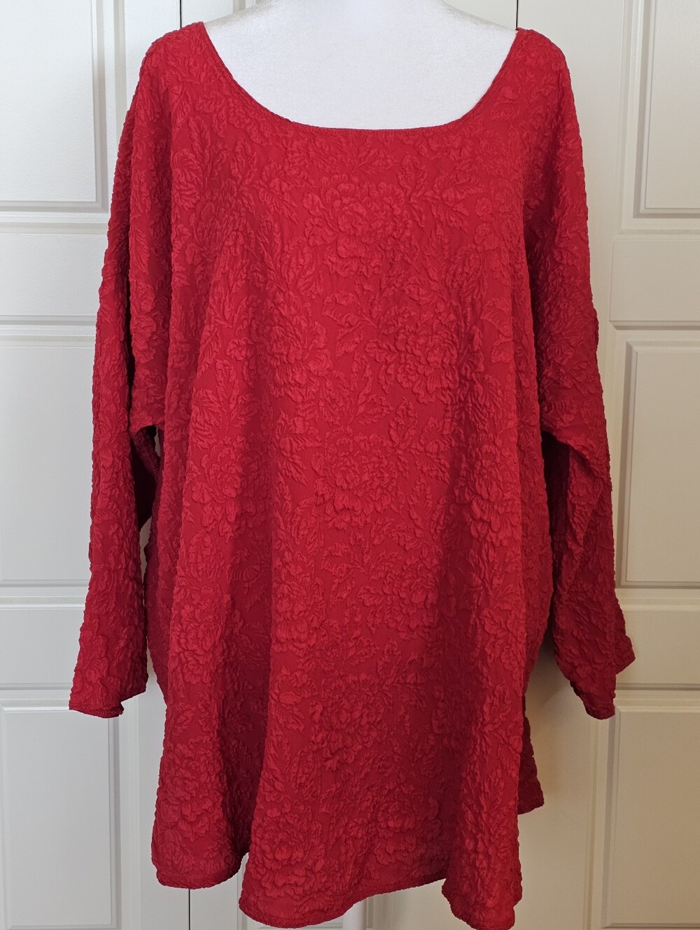 URU 100% Silk Red Textured Floral Lagenlook Artsy Oversized Tunic Top